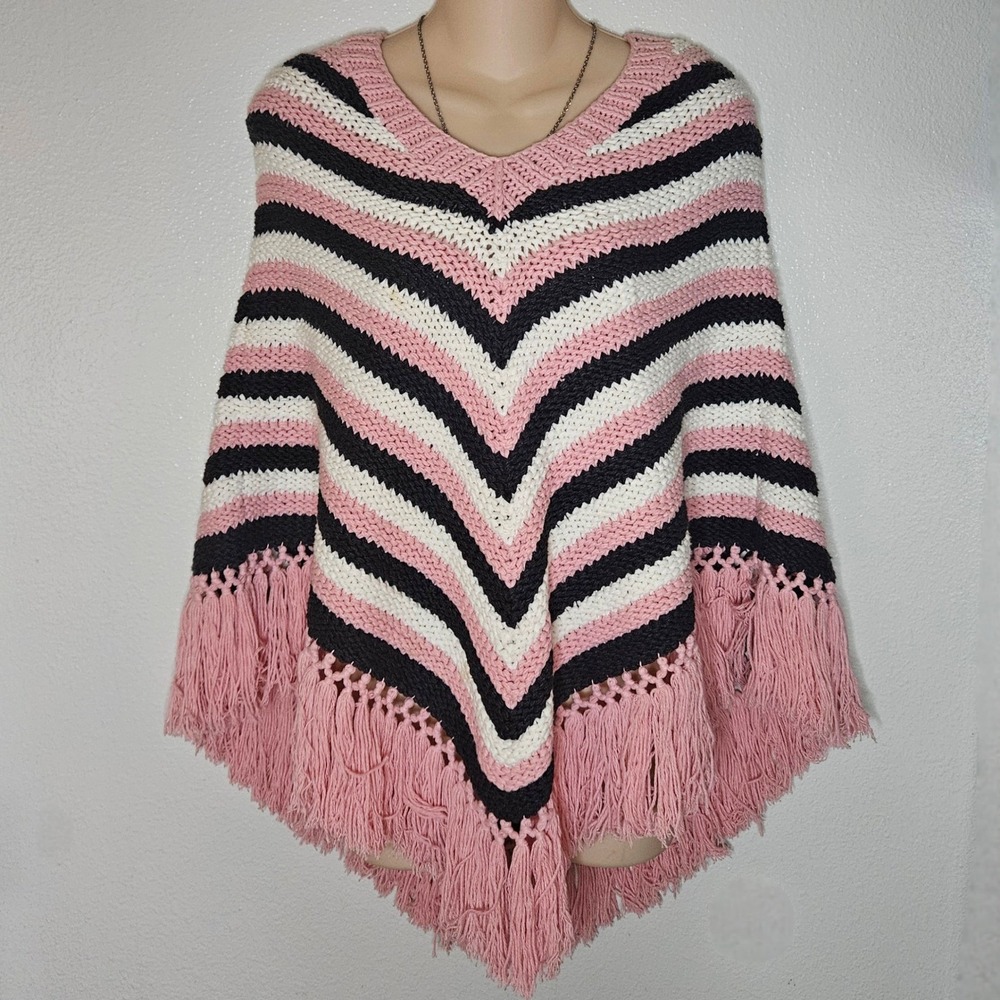 Caslon Pink Striped Crochet Fringe Poncho